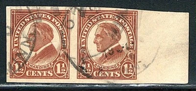 US Year of 1925 Pair of Harding SON Cancel Imperf Stamp Scott# 576 (Used), - Image 1 of 2