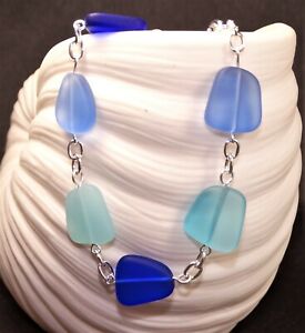 BLUE SHADES Sea glass jewelry handmade 8" bracelet lobster claw closure