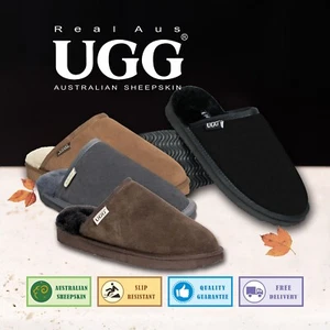 UGG Real Aus 100% Australian Sheepskin Wool Mens Slippers ChocolateChestnutStone - Picture 1 of 24