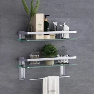 Bathroom Glass Shelf with Towel Bar Rustproof Wall Mount Holder Storage Shelves - Picture 1 of 13