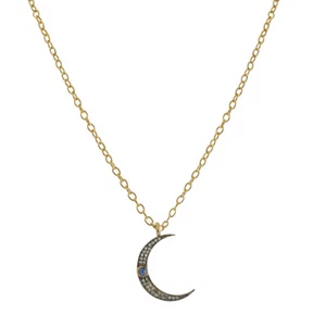 Crescent Moon Natural Pave Diamond Blue Sapphire Gemstone 925 Silver Necklace - Picture 1 of 3