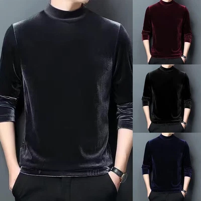 Mens Velvet Half Turtleneck Pullover Long Sleeve Jumper Blouse Tops Warm T-Shirt - Image 1 of 4