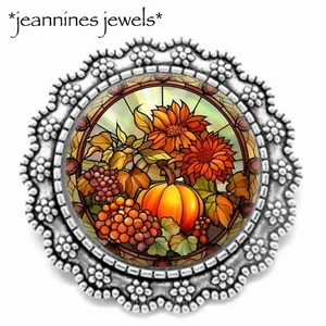 Autumn Harvest Flowers BROOCH Faux Stained Glass Art Print Silver Lapel Pin - Picture 1 of 12