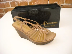 B Makowsky Willow Tan Brown Leather Braided Wedge Sandals New - Picture 1 of 2