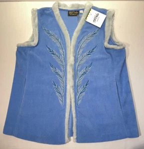 NWT Bob Mackie Fleece Vest Sz L 43 Chest Blue Embroidered Feather Faux Fur Trim - Picture 1 of 12
