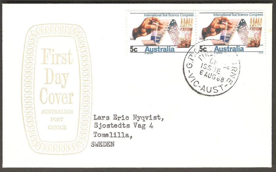 1968 AUSTRALIA International Soil Science Congress Small APO Shield FDC - SWEDEN - Image 1 of 1