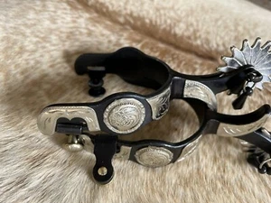 Adult Size Black Steel Spurs with Engraved Silver and Jingle Bobs On Rowels PAIR - Picture 1 of 6