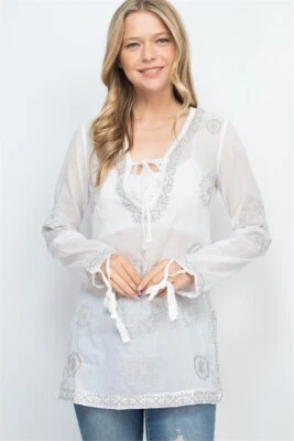 Ivory Embroidered Bohemian Tunic Top Size Medium Long Sleeve  - Image 1 of 2