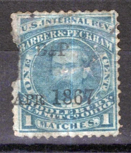 US Revenue Match Stamp RO20a used Barber Peckham, damage, thins ZAYIX 0924MAR109 - Picture 1 of 3