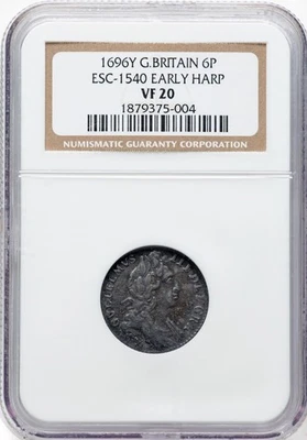 1696 - William III 6 Pence - Early Harp - NGC VF20 - RARE VARIENT WITH NICE TONE - Image 1 of 2