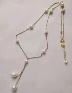 Sterling Silver Gold Overlay Beautiful Pearl Necklace *Knot In Chain* . R7M - Picture 1 of 3