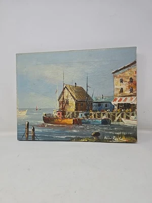 Fishing Boats Dock Harbor Oil Painting Framed Signed Brian Roche New England Vtg - Image 1 of 4