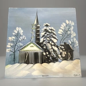 Vtg 80s Hand Painted Winter Snow Church Scene Ceramic Tile Signed Artist - Picture 1 of 2