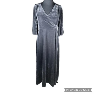 Weiche Umrandung grau Vera Samt Faux Wickel Maxi Kleid Hochzeit Urlaub Kleid LG - Bild 1 von 8