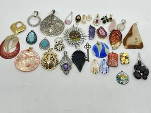 Estate Jewelry Pendant Lot 33 Gemstone Silver Gold Tone Stamped Charm Necklace K - Picture 1 of 12
