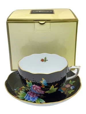 Herend Black Victoria Chinoiserie Floral Butterfly Tea Cup and Saucer 200ml Box - Image 1 of 4