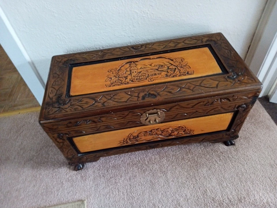 Cofre asiático vintage exquisitamente tallado a mano de madera de alcanfor dos tonos Foto 1 de 4