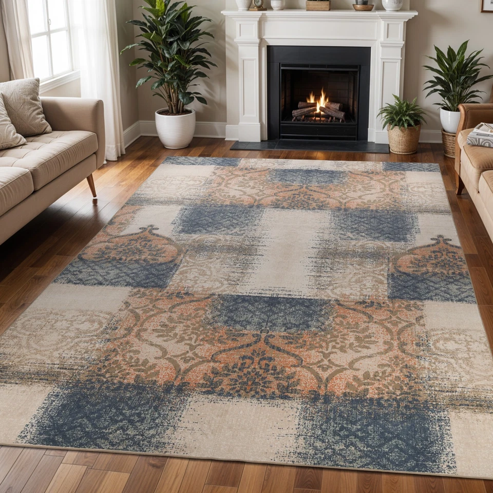 Bristol Distressed Abstract Damask Washable Large Indoor Area Rug or Runner Rug - Image 1 of 1
