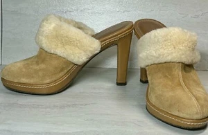 Coach Kacie Beige Tan Suede Shearling Mules Clogs Heels Slip Ons Sz 6.5B - Picture 1 of 9