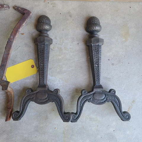 Fireplace Iron Andirons ACORN Cast Vintage Antique Pair Dogs Log holder Cover