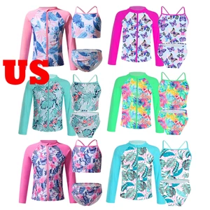 Kids Girls 3Pcs Rashguard Swimsuit UPF 50+ Long-Sleeve Front Zipper Coat Tankini - Picture 1 of 46