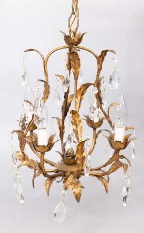 Vintage Mid-Century Hollywood Regency Italian Gilt Tole & Crystals Chandelier Cover