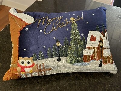 Pier 1 Beaded Merry Christmas Holiday Pillow w/ Owl ~12 x 18~Embroidered~VGUC - Image 1 of 4