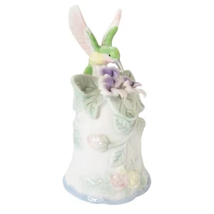 Hummingbird Drinking Nector Of Cosmos Flowers Iris Porcelain Bell 6" High White - Picture 1 of 7