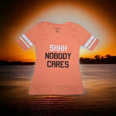 WOUND UP "Shhh Nobody Cares" Orange T-Shirt FUNNY Size Medium 7-9 Short Sleeve  - Image 1 of 4