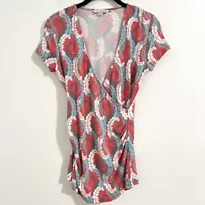 Boden V-Ausschnitt Faux Wickel Top Gr. UK 10 / US 6 rosa weiß blau Kurzarm Bluse - Bild 1 von 6