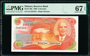 Malawi 5 Kwacha 1st March 1986 Pick-20a SUPERB GEM UNC PMG 67 EPQ - Picture 1 of 2