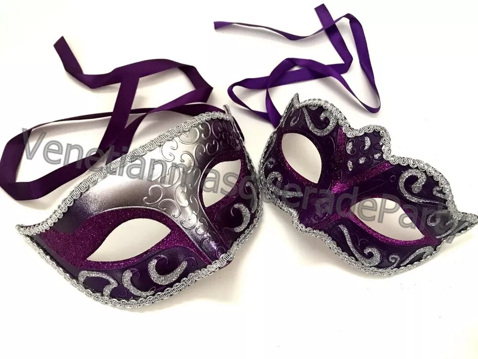 Masquerade Mask Silver & Purple Pair Quinceanera Birthday Costume Cosplay Party - Image 1 of 1