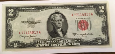 1953 C $2.00 TWO DOLLAR RED SEAL NOTE nice uncirculated A 77114513 A - Image 1 of 2