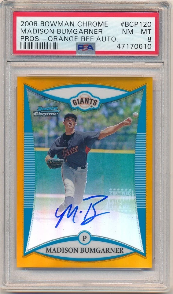 MADISON BUMGARNER 2008 BOWMAN CHROME RC ORANGE REFRACTOR AUTO #05/25 PSA 8 NM-MT - Image 1 of 2