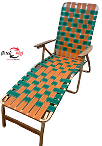Vintage Aluminum Webbed Chaise Tri-Fold Lawn Lounge Chair Sun Bathe Orange Green