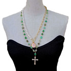 White Pearl Chrysoprase Pink Queen Conch Facial Mask Crucifix Charm Necklace 22"