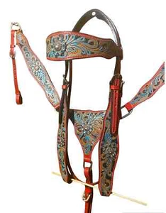 Leather Western Headstall BreastCollar Tack Set Leather HandCarved Floral Tooled - Picture 1 of 5