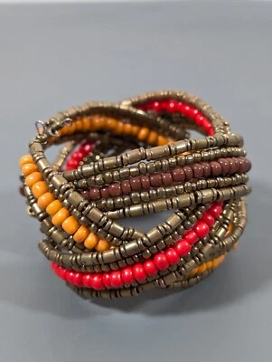 Brazalete Western Boho Tribal Rojo Marrón Tono Bronce Cuentas Trenzadas Ancho 6 pulgadas Foto 1 de 4