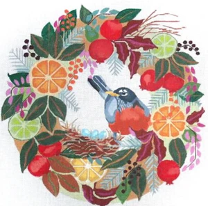 Needlepoint Handpainted Melissa Prince Robin in Wreath 14" - Picture 1 of 1