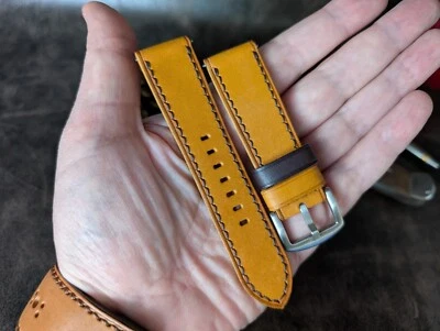 Correa de reloj de cuero genuino hecha a mano/26 mm 24 mm 22 mm 20 mm 18 mm/correa de reloj amarilla Foto 1 de 4