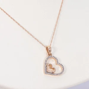 14kt Rose Gold 2 Heart Diamond Pendant Necklace - Picture 1 of 6