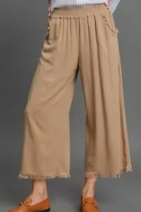 Umgee Linen Elastic Waist Raw Hem Wide Leg Pants with Pockets in Camel Brown NWT - Picture 1 of 4