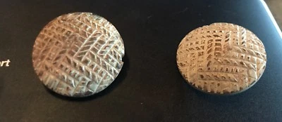 Pair of Vintage Painted Wood Buttons Cream w/ Herringbone Pattern 1.25" - Image 1 of 4