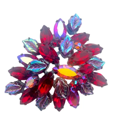 Vintage Regency Ruby Red & Iridescent Molded Leaf Domed & Layered Brooch - Image 1 of 2