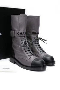CHANEL Grey Black Calfskin Lace Up Logo Mid Calf Combat Boots 39 (New) - Picture 1 of 10