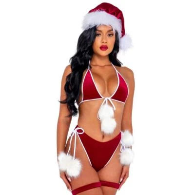 Santa Costume Velvet Bikini Set Halter Top Pom Pom Ties Faux Fur Cheeky C206 - Image 1 of 4
