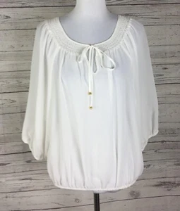 Ellen Tracy Blouse Women’s Size L White 3/4 Sleeve Smocked Tie Neck Peasant NWT - Picture 1 of 12