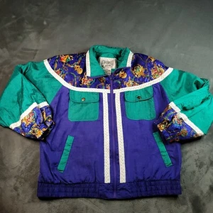 90s Vtg Active Frontier Floral Sport Blue Windbreaker Jacket Women L Pads Geo - Picture 1 of 9