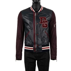 DOLCE & GABBANA Leather Varsity Bomber Jacket with DG Logo Blue Red 08712 - Picture 1 of 7