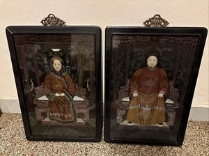 2 Vintage Asian Reverse Glass Paintings Emperor & Empress 21" X 14 1/4" - Picture 1 of 14